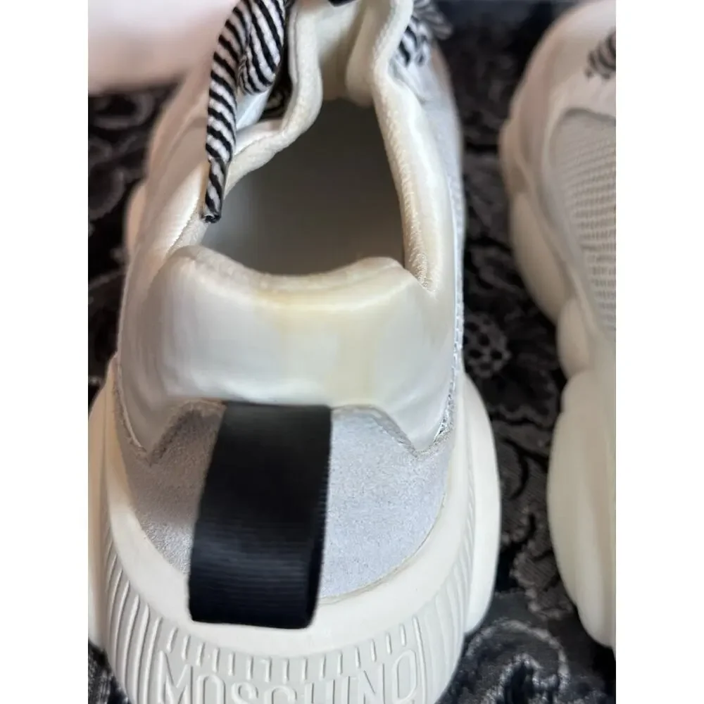 Moschino Shoes Womens 7 Teddy Bear Sneakers White Grey‎ Chunky Designer Mesh Box